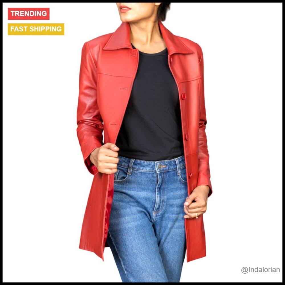 Genuine Leather Blazer Overcoat Elegant Classic Chic 3/4 Length Coat